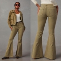 Women's Vintage High Waisted Flare Jeans Slim Fit Olive Green Denim Trousers Raw Hem Frayed Edge Bootcut Pants Retro Streetwear Casual For Ladies