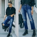 Women's High Waisted Ripped Distressed Jeans Straight Leg Denim Trousers With Raw Hem Washed Cotton Blend Streetwear Casual Pants