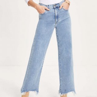 Women's High Waisted Wide Leg Jeans Cotton Denim Distressed Raw Hem Tassel Fringed Bottom Casual Streetwear Vintage Light Blue Denim Trousers