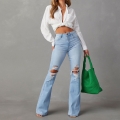 Women's High Waisted Ripped Flare Jeans Distressed Denim Bell Bottom Trousers Streetwear Style Light Blue Long Pants for Ladies