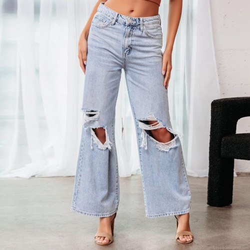 Women's High Waist Ripped Wide Leg Jeans Light Wash Distressed Denim Pants With Raw Hem Straight Loose Fit Casual Trousers For Women Streetwear