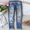 Women's Distressed Straight Leg Jeans Skull Head Print Denim Pants Loose Fit Ripped Patchwork Streetwear Cotton Blend Denim Trousers