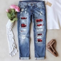 Women Distressed Straight Leg Jeans Quality Cotton Denim Plaid Patchwork Ripped Long Pants Personalized Streetwear Casual Style For Women Daily Wear