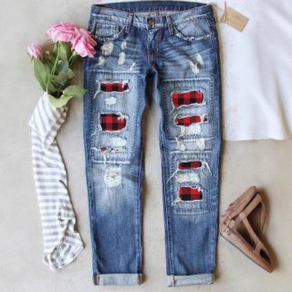 Women Distressed Straight Leg Jeans Quality Cotton Denim Plaid Patchwork Ripped Long Pants Personalized Streetwear Casual Style For Women Daily Wear