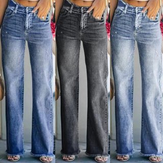 Women High Waisted Wide Leg Jeans Cotton Blend Ripped Washed Denim Flared Pants Fashion Streetwear Casual Trouser With Raw Hem