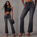 Women's High Waist Flare Jeans Retro Washed Cotton Blend Stretch Slim Fit Denim Trousers With Pockets Streetwear Vintage Style