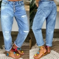 Women's Ripped Straight Leg Jeans High Waist Distressed Denim Pants With Multi-Button Fly Light Blue Washed Streetwear Trousers For Ladies Casual Fashion