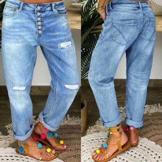 Women's Ripped Straight Leg Jeans High Waist Distressed Denim Pants With Multi-Button Fly Light Blue Washed Streetwear Trousers For Ladies Casual Fashion