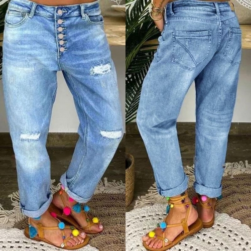 Women's Ripped Straight Leg Jeans High Waist Distressed Denim Pants With Multi-Button Fly Light Blue Washed Streetwear Trousers For Ladies Casual Fashion