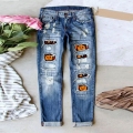 Women's Distressed Denim Jeans Halloween Pumpkin Skull Christmas Santa Patchwork Ripped Mid Waist Straight Leg Denim Pants