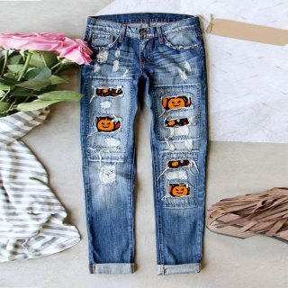 Women's Distressed Denim Jeans Halloween Pumpkin Skull Christmas Santa Patchwork Ripped Mid Waist Straight Leg Denim Pants
