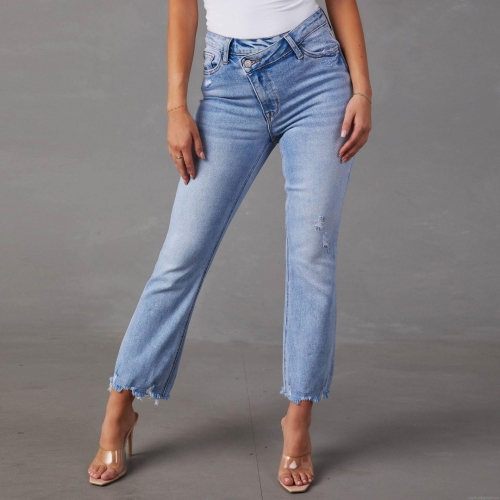 Women's Light Blue Criss-Cross High Waist Ripped Straight Leg Jeans Frayed Hem Distressed Denim Pants For Women Casual Streetwear