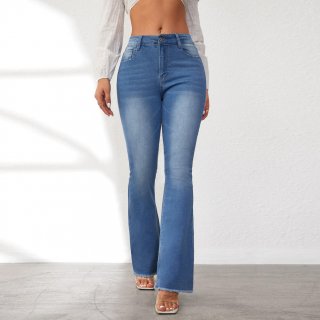 Women's High Waist Flare Jeans Raw Hem Distressed Cotton Blend Denim Pants Slim Fit Washed Bell Bottom Trousers Casual Fashion Female Clothing