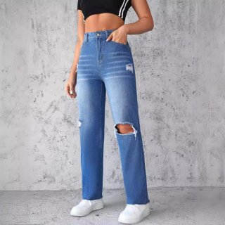 Women's High Waist Ripped Jeans Straight Leg Wide Leg Denim Pants Distressed Frayed Hem Washed Blue Cotton Blend Streetwear Casual Long Trousers