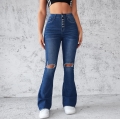 Women High Waisted Distressed Flare Jeans Denim Cotton Blend 5-Button Fly Ripped Bell Bottom Pants Streetwear Style Slim Fit Long Denim Trousers