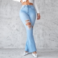 Women's High Waist Ripped Flare Jeans Distressed Light Blue Denim Pants Slim Fit Bell Bottom Trousers for Streetwear Fashion Lady Streetwear Trousers
