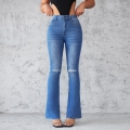 Women's High Waisted Flare Jeans Stretch Distressed Ripped Knee Denim Pants Slim Fit Retro Streetwear Long Trousers For Women Daily Wear