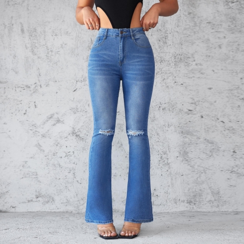 Women's High Waisted Flare Jeans Stretch Distressed Ripped Knee Denim Pants Slim Fit Retro Streetwear Long Trousers For Women Daily Wear