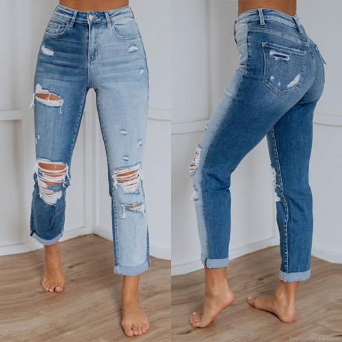 Women's High Waisted Color Block Jeans Distressed Straight Leg Denim Pants Ripped Patchwork Washed Trousers Streetwear Casual Bottoms For Ladies