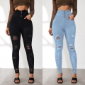 Women's High Waisted Ripped Skinny Jeans Stretchy Distressed Denim Pants With 3 Button Closure Slim Fit Bodycon Blue Trousers For Daily Streetwear