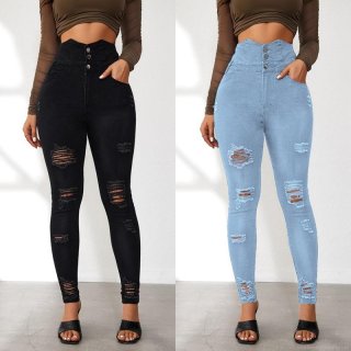 Women's High Waisted Ripped Skinny Jeans Stretchy Distressed Denim Pants With 3 Button Closure Slim Fit Bodycon Blue Trousers For Daily Streetwear