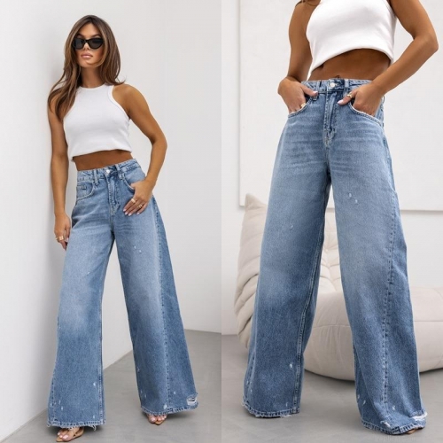 Women American Retro High Waist Wide Leg Jeans Distressed Ripped Hole Cotton Blend Denim Pants Streetwear Loose Long Trousers