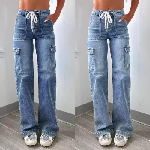 Women's High Waist Cargo Denim Jeans Baggy Straight Leg Pants With Multiple Pockets And Drawstring Streetwear Washed Cotton Blend Workwear Trousers