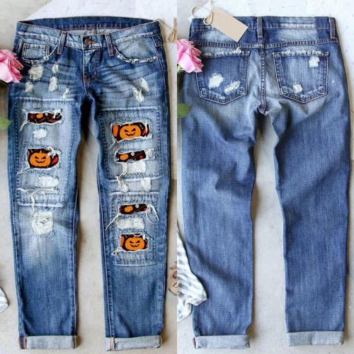 Women's Halloween Pumpkin Print Ripped Jeans Distressed Straight Leg Denim Pants Casual Streetwear For Party Blue Denim Trousers