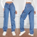 Women's American Retro Cargo Jeans Cotton Blend Denim Multi Pockets Straight Leg Pants Streetwear Casual Mid Waist Blue Denim Trousers
