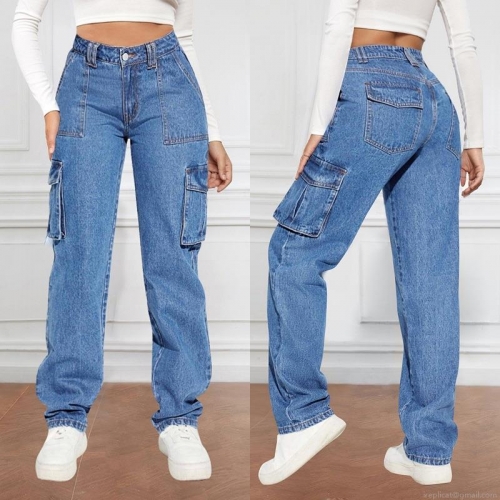 Women's American Retro Cargo Jeans Cotton Blend Denim Multi Pockets Straight Leg Pants Streetwear Casual Mid Waist Blue Denim Trousers