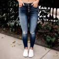 Women High Waisted Ripped Skinny Jeans Distressed Denim Cotton Blend Stretchy Slim Fit Pants With 5-Button Fly And Raw Hem Streetwear Casual Daily Wear