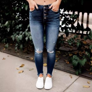Women High Waisted Ripped Skinny Jeans Distressed Denim Cotton Blend Stretchy Slim Fit Pants With 5-Button Fly And Raw Hem Streetwear Casual Daily Wear