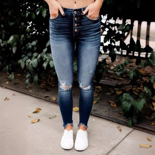 Women High Waisted Ripped Skinny Jeans Distressed Denim Cotton Blend Stretchy Slim Fit Pants With 5-Button Fly And Raw Hem Streetwear Casual Daily Wear