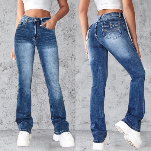 Women's Vintage Blue Flared Jeans High Stretch Slim Fit Denim Pants With Back Pocket Embroidery Retro Streetwear Bell Bottom Trousers For Women
