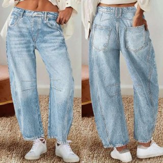 Women's Retro Baggy Wide Leg Jeans Cotton Blend Washed Denim Curved Banana Trousers High Waist Straight Leg Pants Casual Streetwear