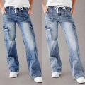 Women's Cargo Denim Jeans Loose Straight Leg Washed Blue Pants With Drawstring Waist Casual Streetwear Cotton Blend Multi Pocket Trousers For Women