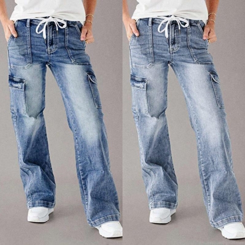 Women's Cargo Denim Jeans Loose Straight Leg Washed Blue Pants With Drawstring Waist Casual Streetwear Cotton Blend Multi Pocket Trousers For Women