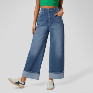Women's High Waist Wide Leg Jeans Cotton Blend Denim Cuffed Hem Straight Loose Fit Trousers Retro Streetwear Casual Long Pants For Lady