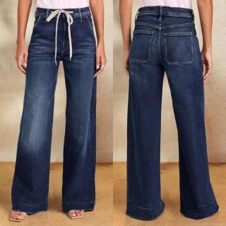 Women's High Waist Wide Leg Denim Jeans With Drawstring Elastic Cotton Blend Straight Pants For Casual Daily Commuting Deep Blue Trousers