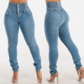 Women High Waisted Skinny Jeans Elastic Cotton Blend Denim Multi-Button Fly Slimming Butt Lift Shaping Long Pants Casual Streetwear Washed Denim Trousers