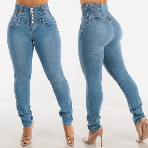 Women High Waisted Skinny Jeans Elastic Cotton Blend Denim Multi-Button Fly Slimming Butt Lift Shaping Long Pants Casual Streetwear Washed Denim Trousers