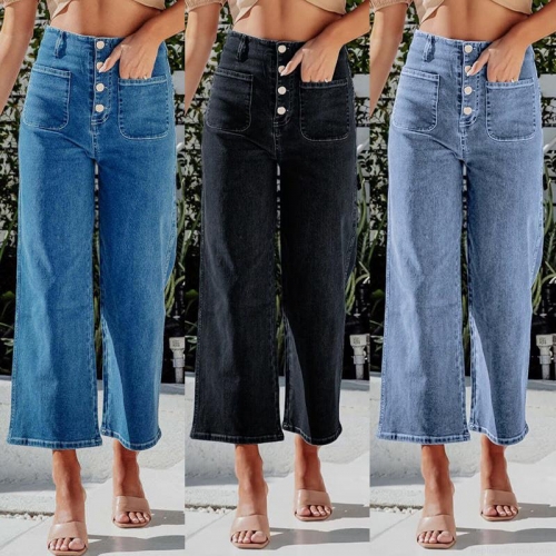 Women's High Waisted Button Fly Straight Leg Jeans High Elasticity Washed Cotton Blend Denim Pants With Patch Pockets Casual Fashion Commuter Slimming Trousers For Ladies