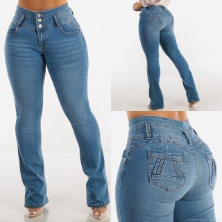 Women's High Waisted Flare Jeans Butt Lifting Elastic Denim Pants Sexy Slim Fit Bell Bottom Trousers Three Button Washed Blue Streetwear