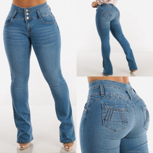 Women's High Waisted Flare Jeans Butt Lifting Elastic Denim Pants Sexy Slim Fit Bell Bottom Trousers Three Button Washed Blue Streetwear