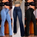 Women High Waisted Micro Flare Jeans Stretchy Cotton Blend Denim Pants Triple Button Elastic Waist Slim Fit Butt Lifting Long Trousers For Daily Street