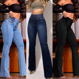 Women High Waisted Micro Flare Jeans Stretchy Cotton Blend Denim Pants Triple Button Elastic Waist Slim Fit Butt Lifting Long Trousers For Daily Street