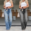 Women's High Waisted Wide Leg Ripped Jeans Cotton Blend Distressed Denim Pants Loose Straight Leg Water Washed Streetwear Trousers