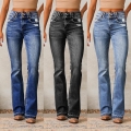 Women High Waisted Flare Jeans Slim Fit Distressed Denim Pants With Multiple Buttons Washed Whiskers Ripped Pockets Raw Hem Bell Bottom Jeans For Streetwear Casual Daily