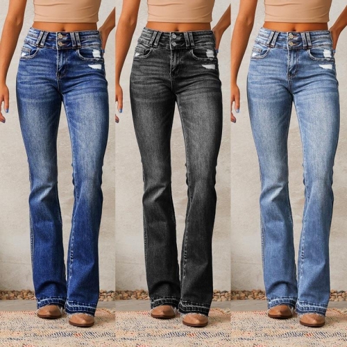 Women High Waisted Flare Jeans Slim Fit Distressed Denim Pants With Multiple Buttons Washed Whiskers Ripped Pockets Raw Hem Bell Bottom Jeans For Streetwear Casual Daily