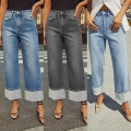 Women's High Waisted Straight Leg Jeans Wide Cuffed Hem Stretch Denim Pants Retro Streetwear Trousers Long Jeans